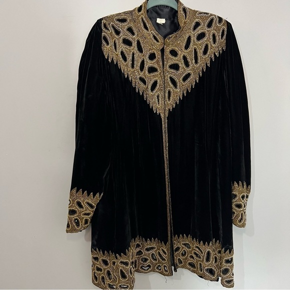 Vintage Jackets & Blazers - Vintage black velvet coat gold beaded pea coat whimsigoth witchy cocktail sz 2x